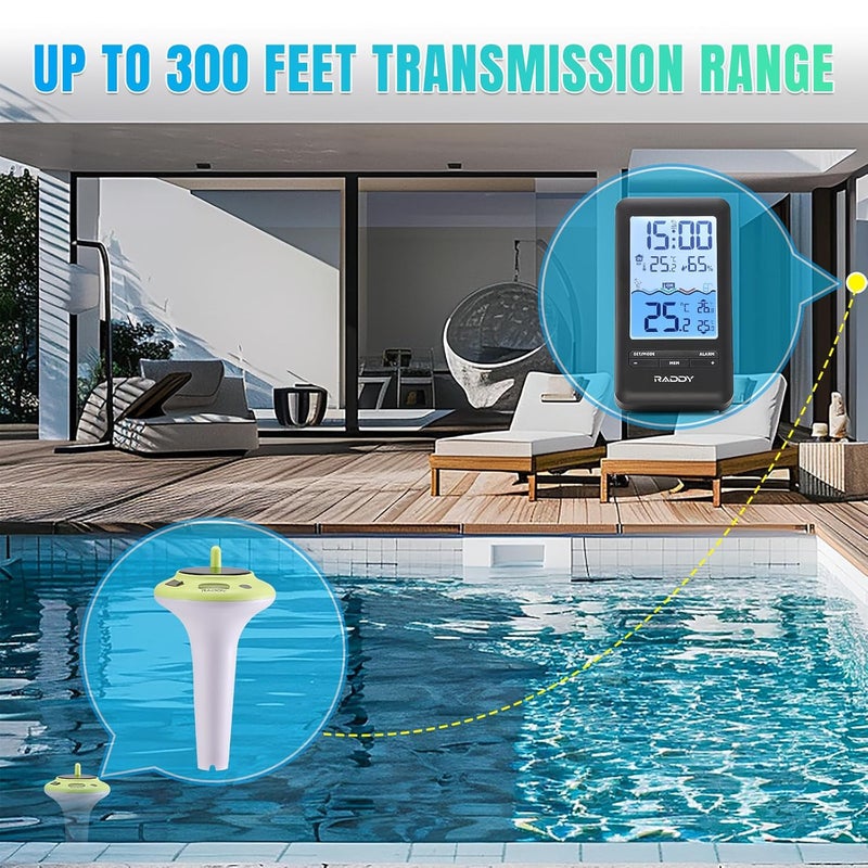 Raddy PT-5 Wi-Fi Pool Thermometer, Wireless Smart Floating Sensor with Indoor Console, APP Remote Monitoring, IPX8 Waterproof, Solar & USB-C Rechargeable, for Hot Tub Spa Swimming Pool Tank Aquarium - Image 2